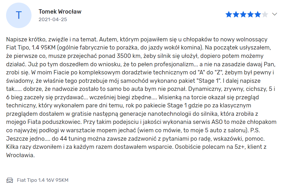 Opinia Pana Tomka z Wrocławia po wykonaniu pakietu Power Economy Performance do Fiata Tipo 1.4 16V 95 KM 