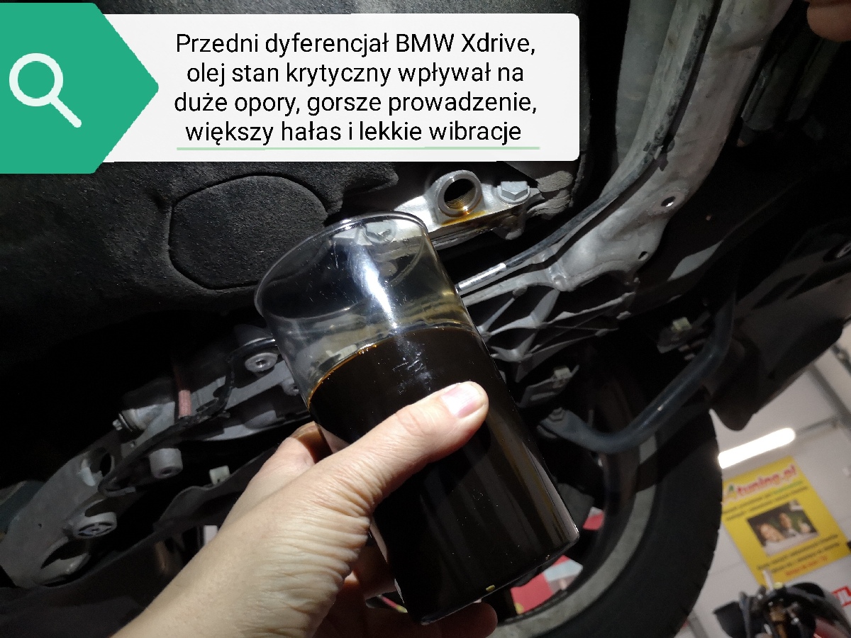 Test oleju w przednim dyferencjale BMW z układem napędowym X-Drive - olej w stanie krytycznym po przebiegu 100 000 km a producent nie przewiduje pełnej technicznie wymiany w całym czasie eksploatacji samochodu. Do tego sam olej kompletnie nie wystarcza do bezpiecznego obniżenia tarcia. 